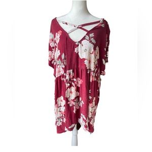 Women’s Torrid 4X Maroon Floral Super Soft Stretch Knit Criss Cross Front Top